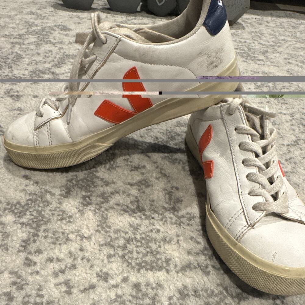 VEJA Leather Low Top Lace Up Sneakers White Orange V Logo Blue Heel Tab Men